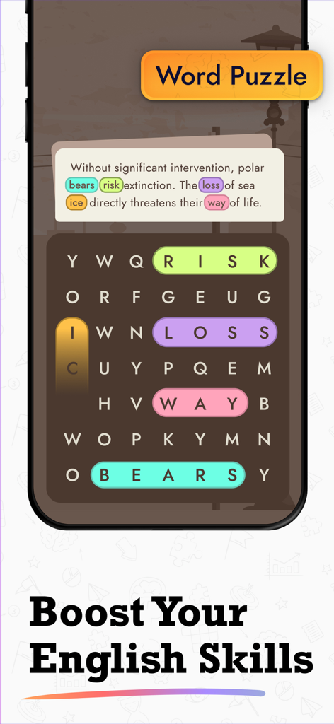 Word search puzzle in the IQ Masters app designed to boost English language skills
