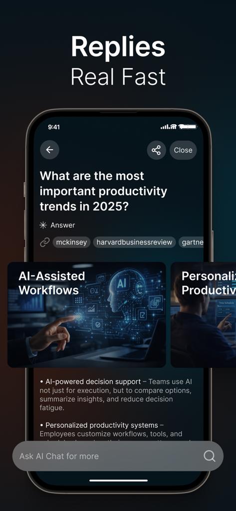 DeepScan: AI Search Assistant - Interfaz de búsqueda IA DeepScan mostrando una respuesta detallada sobre las tendencias de productividad de 2025 con fuentes citadas como McKinsey y Gartner.