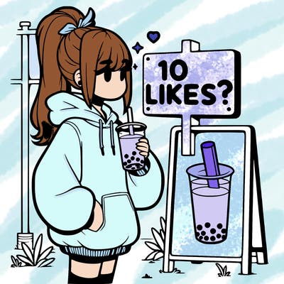 girl with oversized hoodie drinking boba and she has a high ponytail with a sign that says 10likes?
