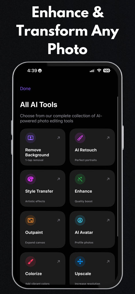 AI Photo Generator & Editor - Interface of the AI Photo Editor showing a grid of tools like AI Retouch, Background Remover, and AI Avatar generator.