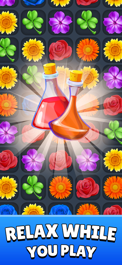 A colorful flower match 3 puzzle grid with glowing magic potion boosters and text saying relax while you play