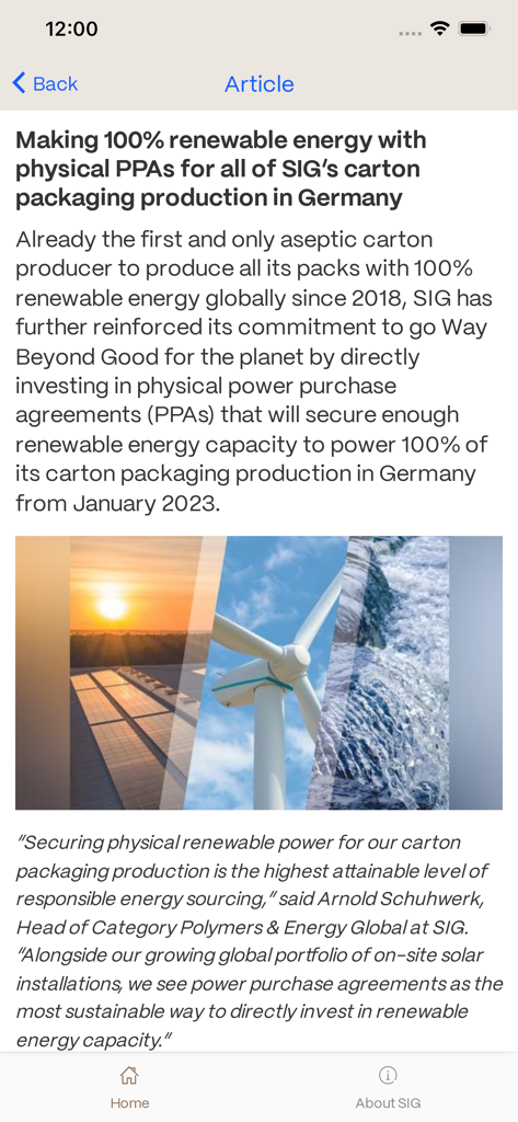SIGer app - A news article on the SIGer app about 100 percent renewable energy for packaging production