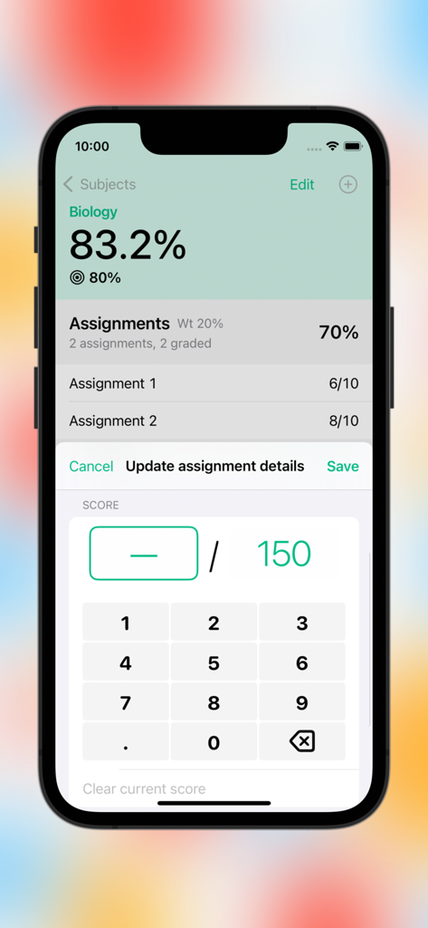 Grade Calculator - Una interfaz móvil para actualizar las puntuaciones de las tareas y seguir las calificaciones de un curso de biología