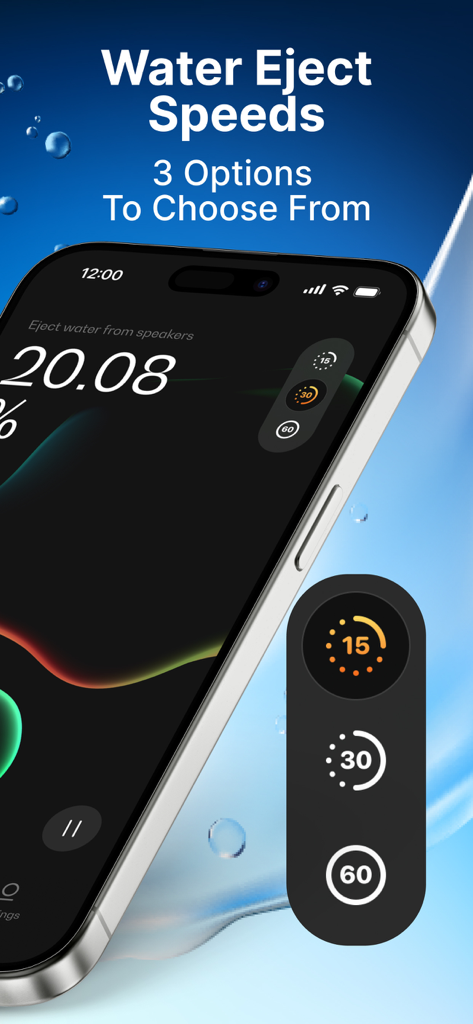 Sonic app interface showing three water eject speed options for speaker cleaning