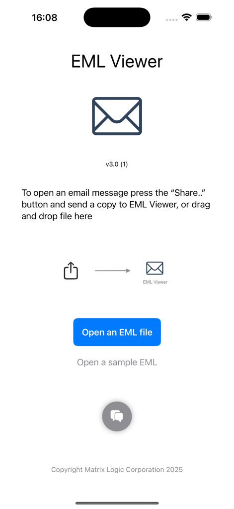 EML Viewer - Oberfläche der EML Viewer App, die Optionen zum Öffnen einer EML-Datei oder eines Beispiel-E-Mail-Archivs anzeigt.