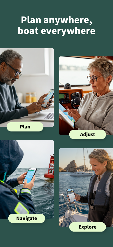 Savvy Navvy Boating Navigation - Four scenes of boaters using the Savvy Navvy app to plan and navigate on different devices