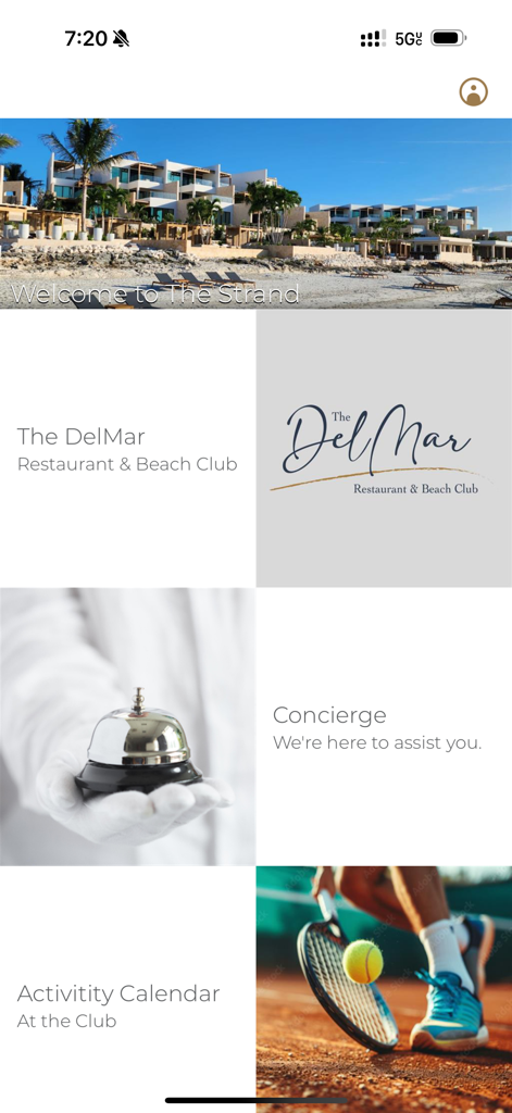 Dashboard of The Strand Turks and Caicos app with concierge service and activity calendar options