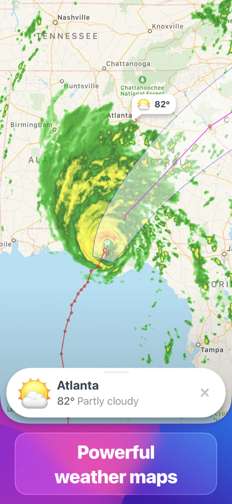 Captura de tela do app Weather Up mostrando um mapa de radar detalhado de um sistema de tempestade movendo-se pelo sudeste dos Estados Unidos