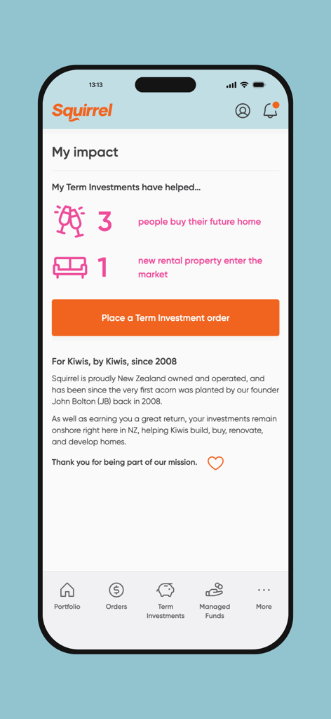 Ein mobiler Bildschirm der Squirrel App, der die soziale Auswirkung von Festgeldanlagen auf den Wohnungsbau in Neuseeland zeigt