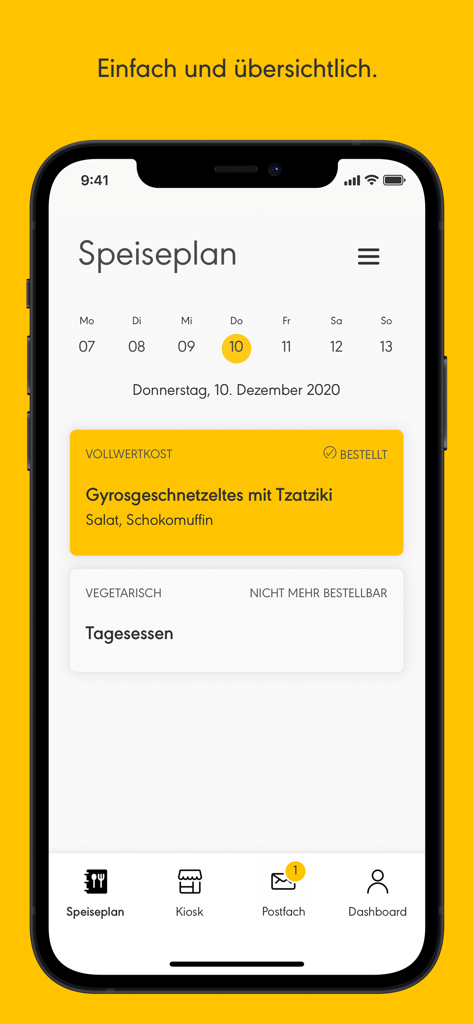 Oberfläche des MensaMax Mobile Apps mit dem Wochenplan der Schulcafeteria und einer ausgewählten Mittagsmahlzeit.