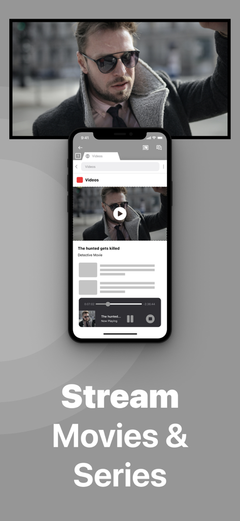 Um iPhone espelhando a reprodução de um filme em uma tela de TV grande com o texto Transmitir Filmes e Séries