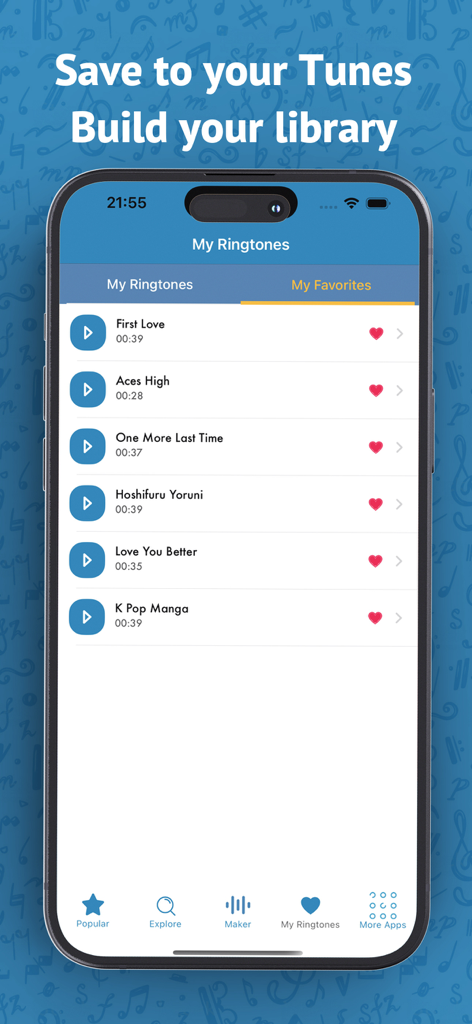Best Ringtones 2026 for iPhone - Uma captura de tela da tela Meus Favoritos no aplicativo Melhores Toques 2026 mostrando uma coleção personalizada de toques salvos em um iPhone