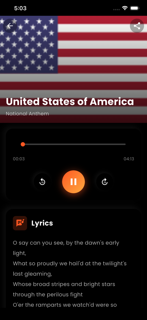 National Anthem Songs - A screenshot of the National Anthem Songs app playing the USA national anthem with lyrics displayed on screen