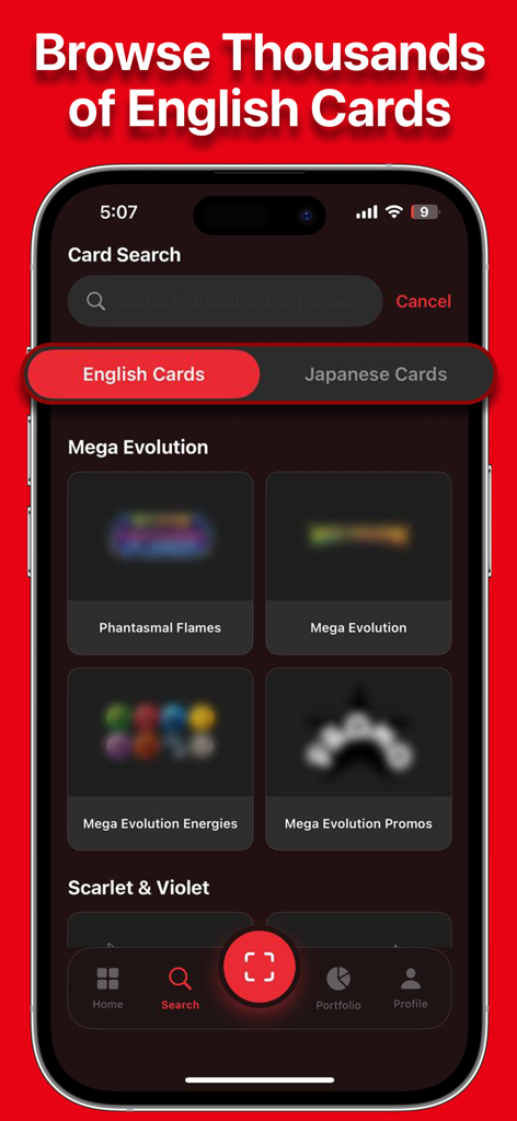 A mobile app screen showing the search interface for browsing English TCG cards by category.