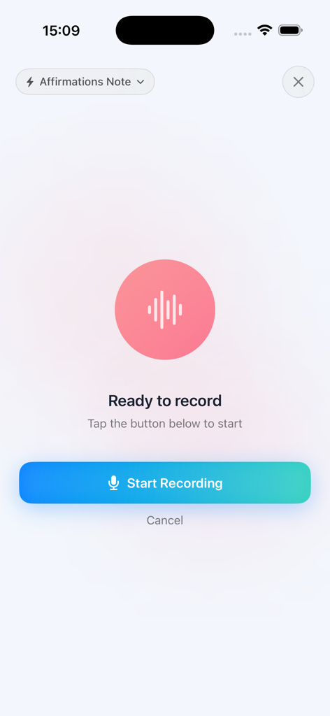 Affirmations - Voicey - 음성 녹음 시작 화면과 선택된 확언 노트 카테고리를 보여주는 Affirmations - Voicey 앱 인터페이스