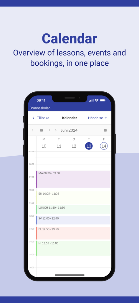 SchoolSoft Elev app calendar interface showing a daily school schedule with color coded lessons and lunch breaks