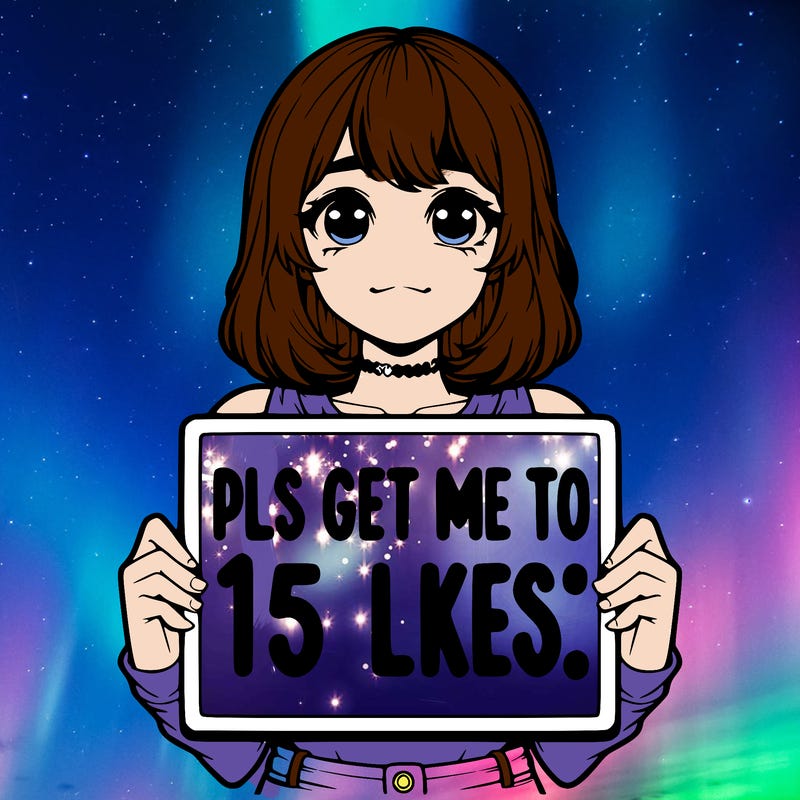 realistic girl holding up a sign that says “pls get me to 15 likes!”