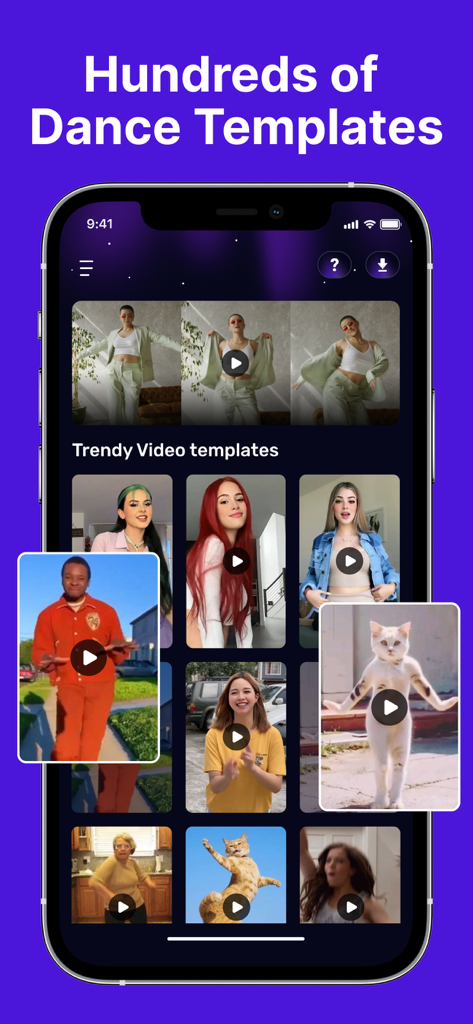 A mobile app interface displaying hundreds of trendy AI dance video templates for photos