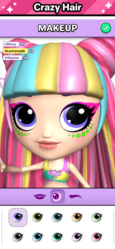 Go! Dolliz: Doll Dress Up Game - Primer plano de la cara de una muñeca 3D con opciones de personalización de cabello y color de ojos en la aplicación Go Dolliz