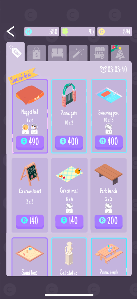 Sundae Picnic - Sundae Picnic in-game furniture shop menu showing decorative items for sale like a swimming pool and park bench.