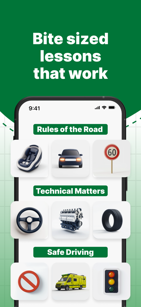 Driving Test Routes Ireland - A mobile interface of the Irish driving theory test app showing study categories like road rules and technical matters
