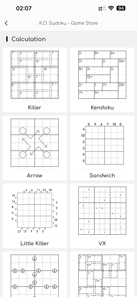K.O. Sudoku Pro - A list of calculation-based logic puzzle variants in the K.O. Sudoku Pro game store menu.