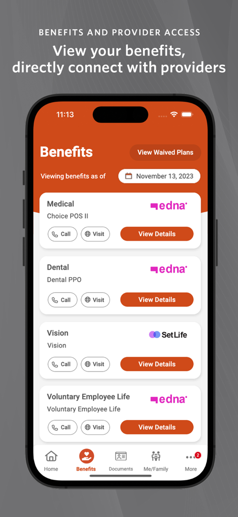 bswift Mobile - bswift Mobileアプリのインターフェース。従業員の健康、歯科、視力に関する福利厚生の概要が表示されています。