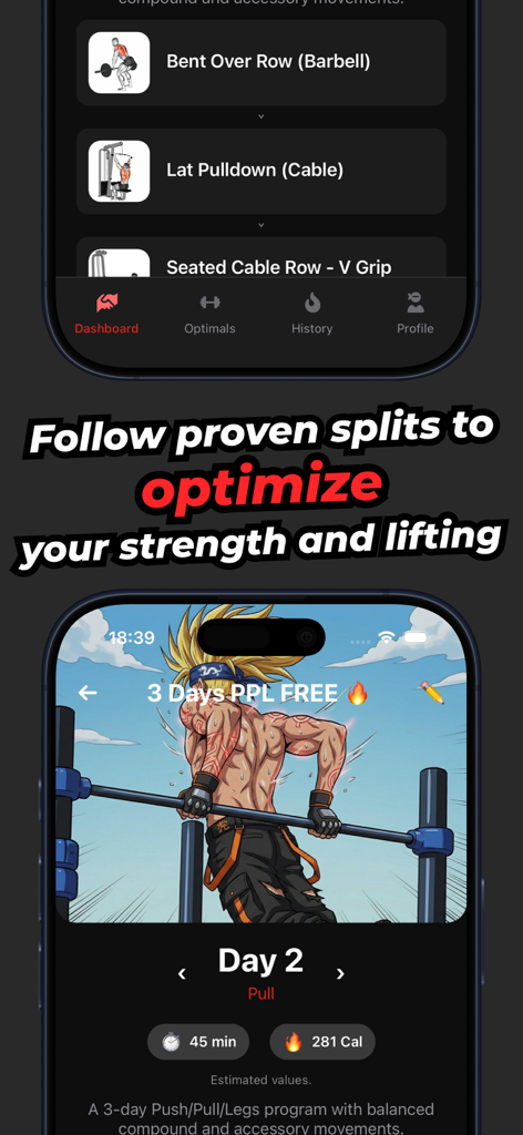 Self Coach Gym Workout Planner - Self Coach Gym Workout Planner displaying a 3 day PPL split and exercises