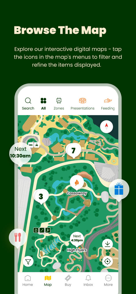 Mandai Wildlife Reserve - 公園のナビゲーションと動物の展示場所を表示するマンダイ・ワイルドライフ・リザーブアプリのインタラクティブデジタルマップ。