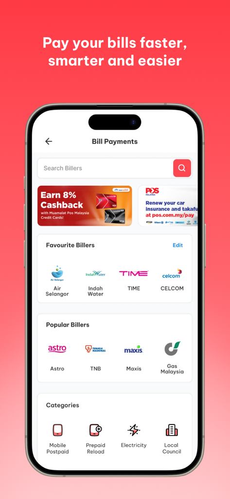 Pos Malaysia - Pos Malaysiaモバイルアプリの請求書支払いインターフェース。マレーシアの公共料金プロバイダーが表示されています。