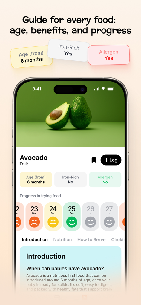 BabyPlate: start solids - Interfaz de la aplicación BabyPlate que muestra detalles nutricionales y seguimiento del progreso para introducir aguacate a un bebé