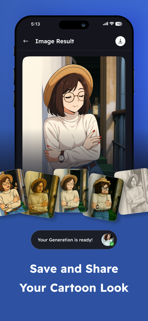 Snaptoon mobile app interface showing a photo transformed into different cartoon and anime styles