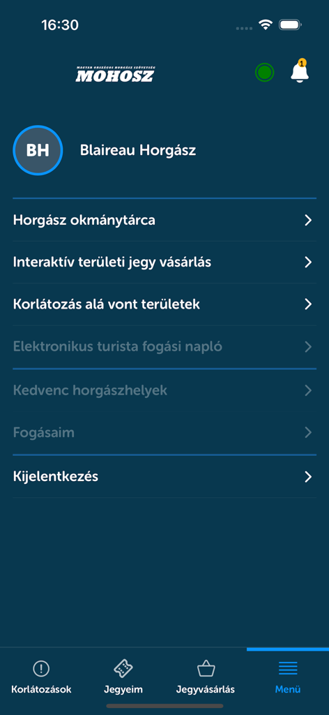 Main menu of the Horgasz fishing app showing options for document wallet and ticket purchase