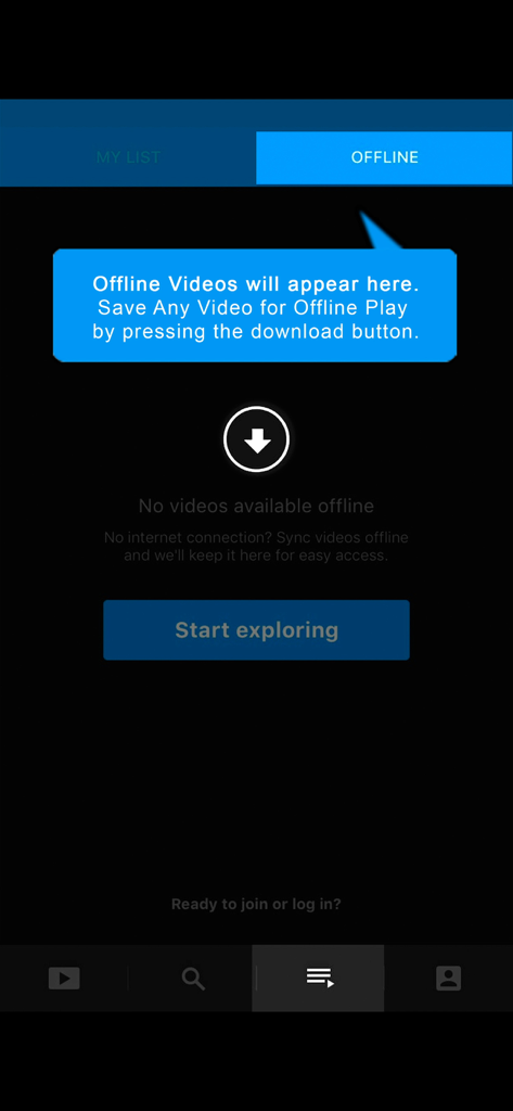Interface of the Nature Relaxation app showing the empty offline videos section with instructions on how to download content for offline viewing.