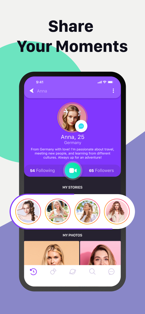 Interface of the Joi app showing a user profile with personal bio and photo stories