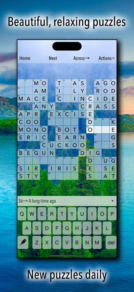 Crossword Puzzles! - A mobile phone screen showing a crossword puzzle with a scenic nature background and text reading Beautiful relaxing puzzles.