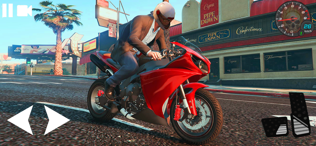 City Motorcycle Driver Sim  21 - Motocicleta deportiva roja conduciendo por una calle de la ciudad en un juego de simulación