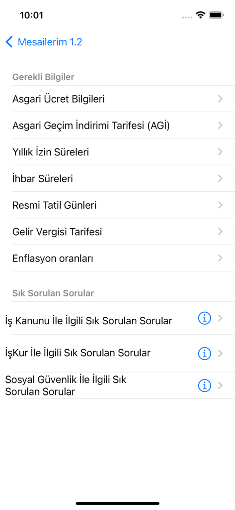 Mesailerim - Information menu in the Mesailerim app displaying Turkish labor law and wage details