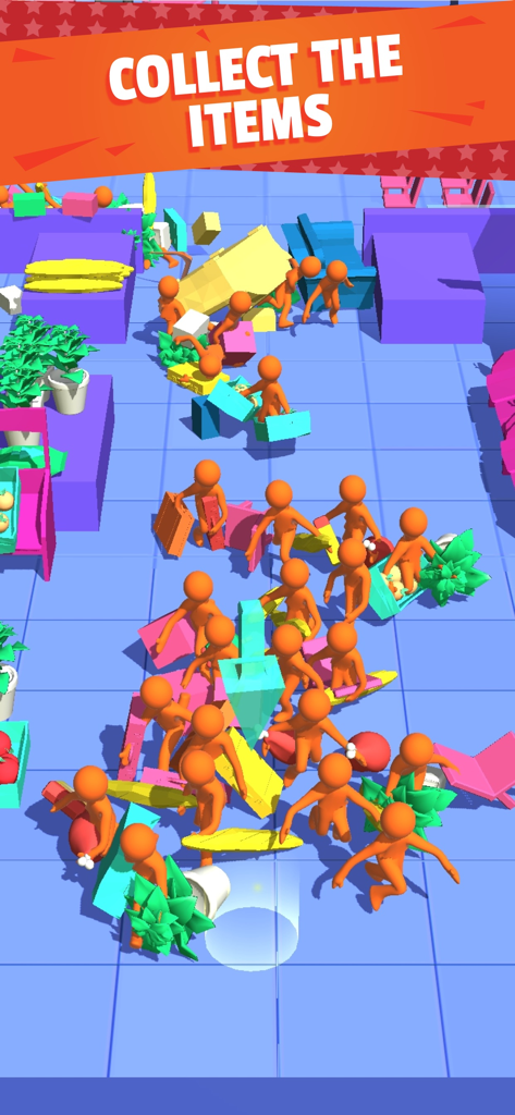 Orange characters rushing to collect items in the Crazy Shopping mobile game