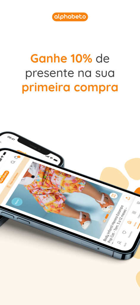 Baixe o app Alphabeto - Promozione dell'app Alphabeto BR per uno sconto del dieci percento sul primo acquisto di abbigliamento per bambini