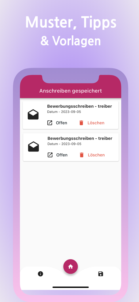 Bewerbungsschreiben KI - Screenshot of the Cover Letter AI app displaying a list of saved application letters with options to open or delete them