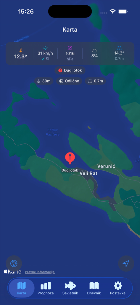 Tisch Fishing - Tisch Fishing App interaktive Karte mit Wetter- und Seebedingungen für Dugi otok in der Adria