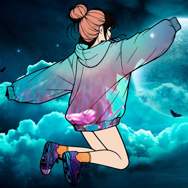 realistic girl jumping with a bun and oversized sweatshirt