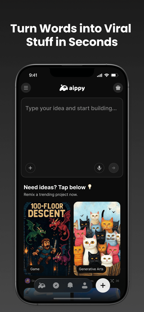 La schermata principale dell'app Aippy che mostra una casella di testo per creare giochi e arte IA da semplici parole