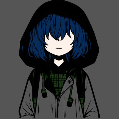 little anime girl in a raincoat her hair is covering her eyes she has a lighter