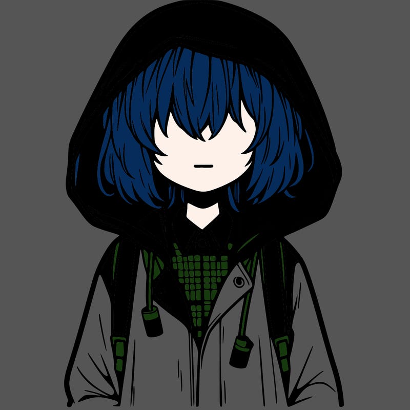 little anime girl in a raincoat her hair is covering her eyes she has a lighter