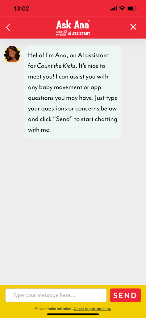 The Ask Ana AI assistant chat screen in the Count the Kicks app providing support for baby movement questions