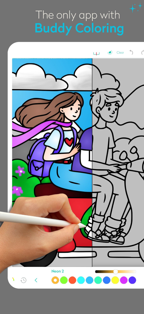 Persona usando un Apple Pencil para colorear una página digital en la aplicación Chroma usando la función colaborativa Buddy Coloring.