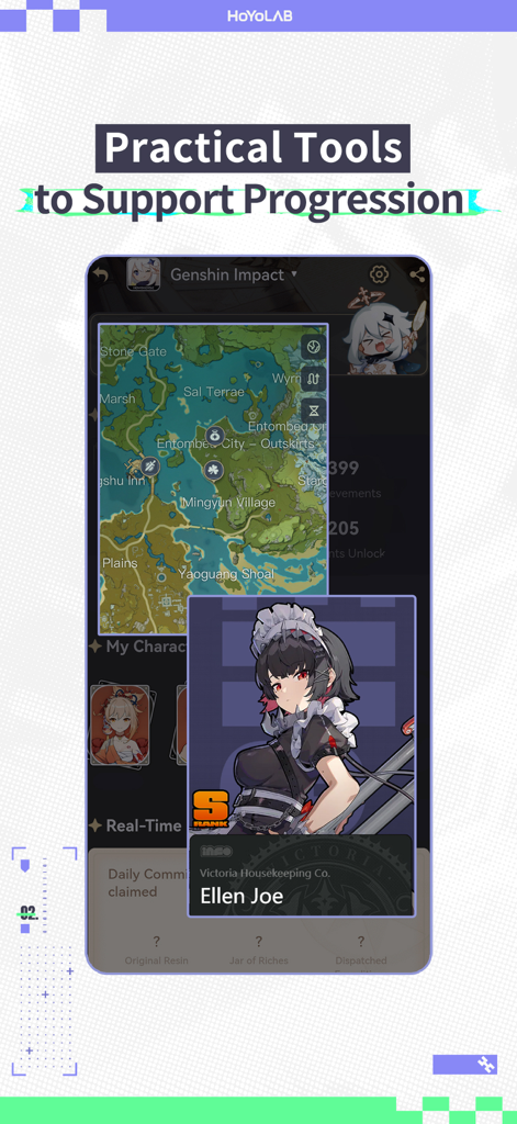 HoYoLAB - HoYoLAB app showing an interactive map and game character details for progression support