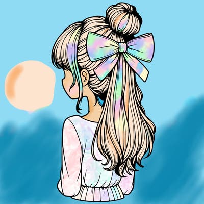 realistic girl  with hip length hair a bun and a big bow on the back of head